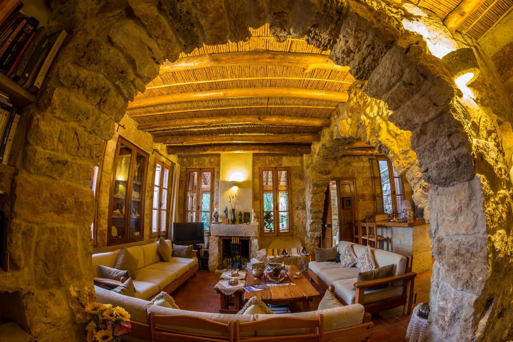 Stone arches and wooden ceiling